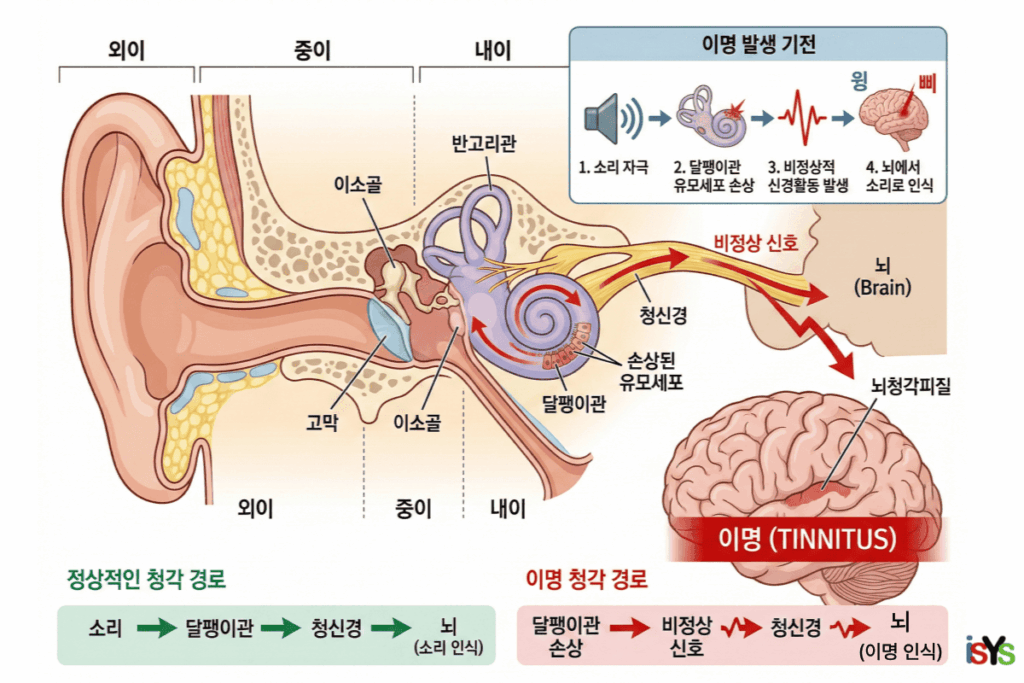 이명은 질병인가 증상인가를 파악하기 위한 귀의 내부 구조 및 청신경 경로