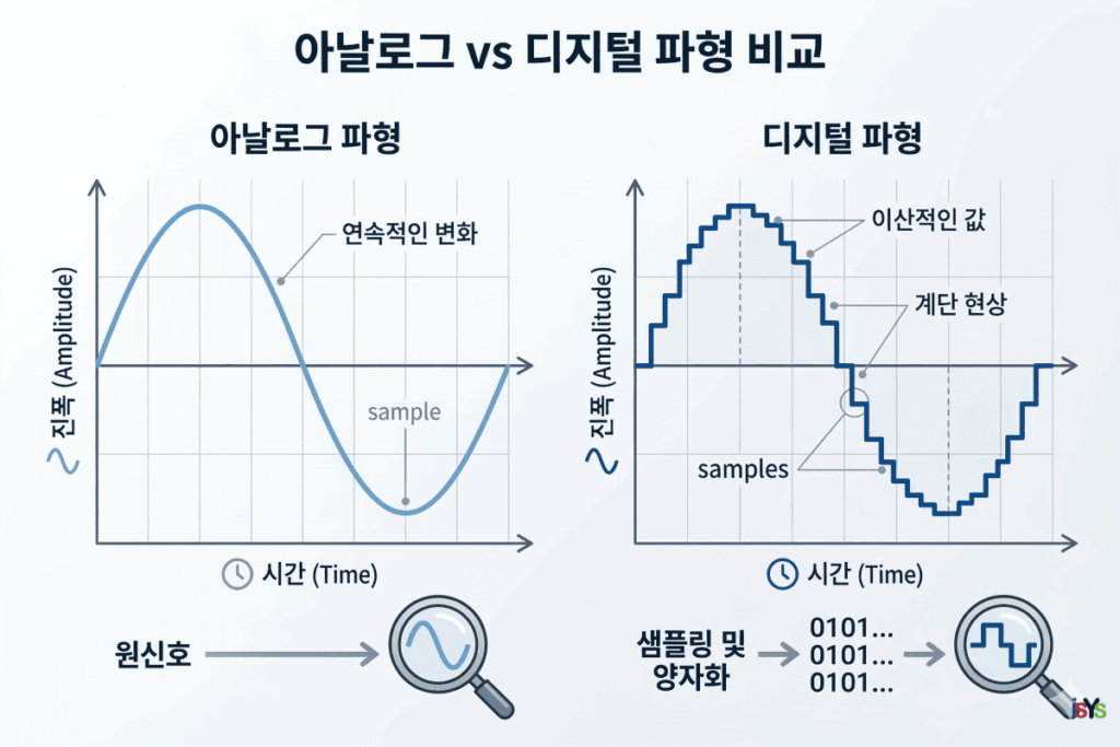 아날로그 백색소음과 디지털 샘플링 음원의 파형 차이 비교
