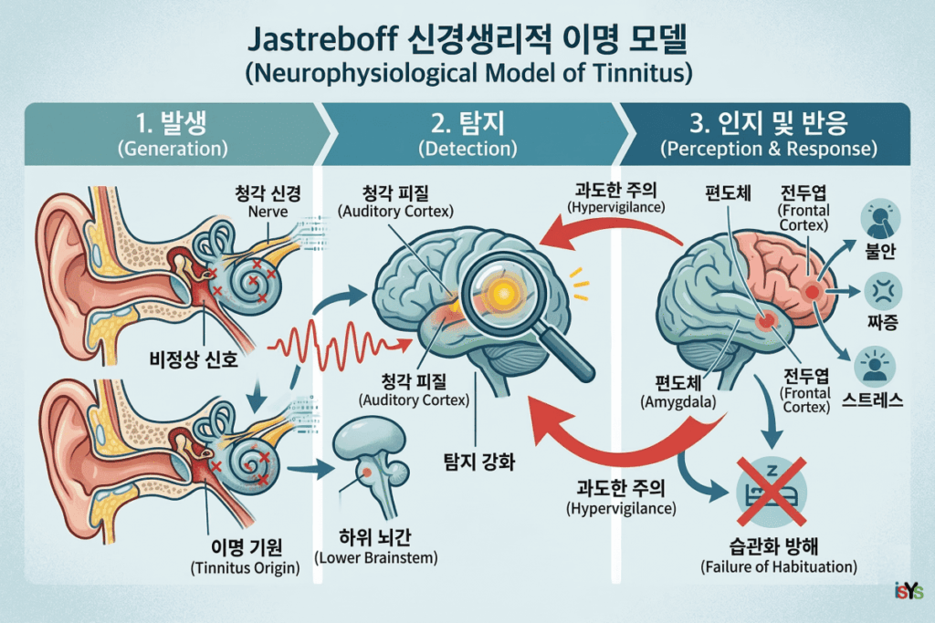 이명의 신경생리적 기전과 뇌의 인지 과정을 설명하는 구조도