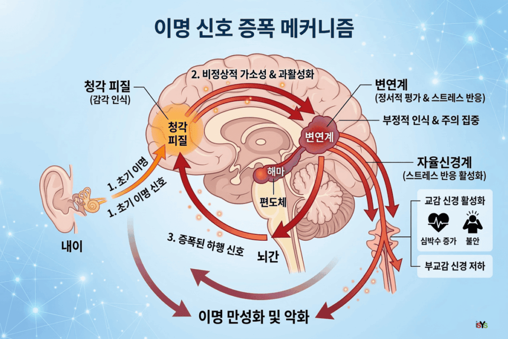 이명 원인 분석 을 위한 뇌의 신경생리학적 기전 및 변연계 상호작용 도표