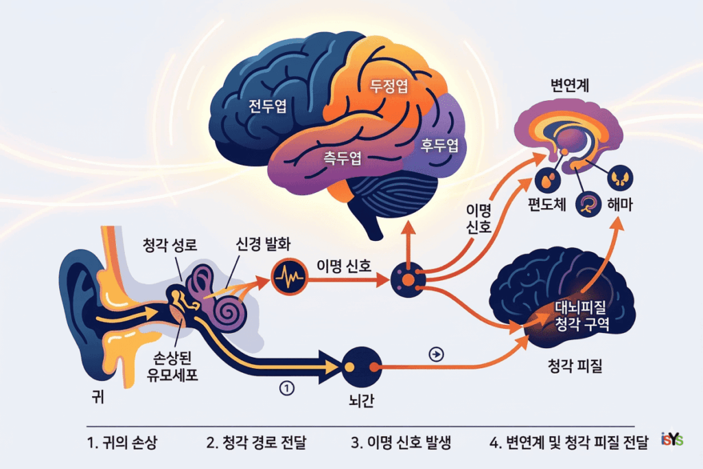 이명의 신경생리적 기전과 뇌 신경망의 상호작용 도식
