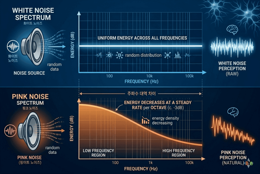 주파수별 에너지 분포를 비교한 화이트 노이즈와 핑크 노이즈의 사운드 스펙트럼 그래프
