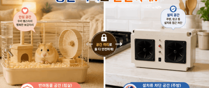 설치류 반려동물(햄스터·기니피그)이 있는 집에서 초음파 쥐 퇴치기 사용이 가능할까? 강아지와 고양이 옆에 안전하게 설치된 초음파 쥐 퇴치기 UDR-020