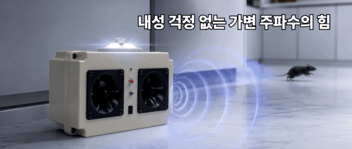 초음파 쥐 퇴치기, 시간이 지나면 효과가 없어지나요? 내성 문제를 해결하는 과학적 방법 24kHz~65kHz 가변 주파수 기술이 적용된 듀얼 스피커 초음파 쥐 퇴치기 UDR-020의 작동 원리 이미지