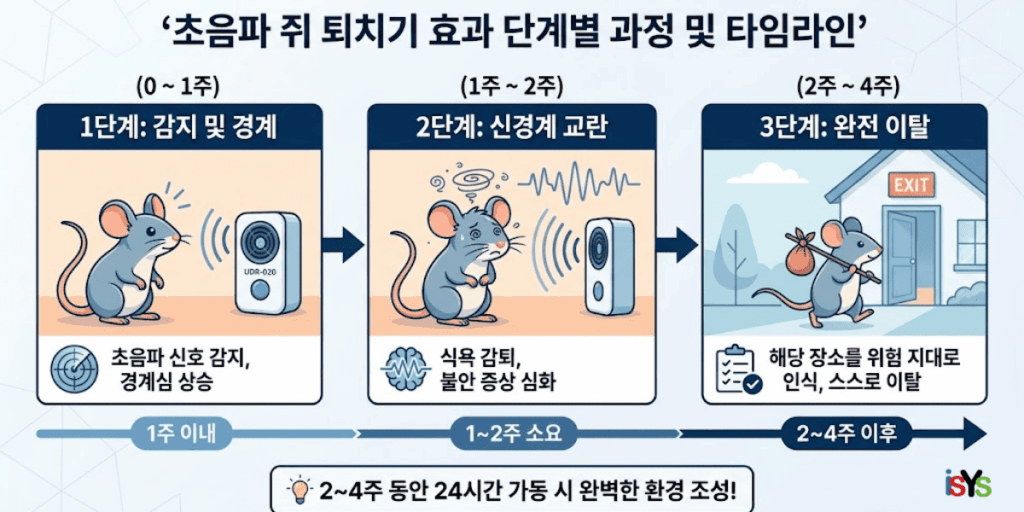 초음파 쥐 퇴치기 설치 후 0주에서 4주까지 쥐의 감지 및 경계, 신경계 교란, 완전 이탈 단계를 시각화한 인포그래픽. 각 단계별 소요 기간과 주요 증상이 한국어로 설명되어 있습니다.